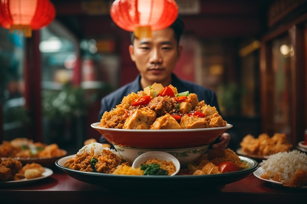 hält chinesisches Essen mit verschwommenem Hintergrund