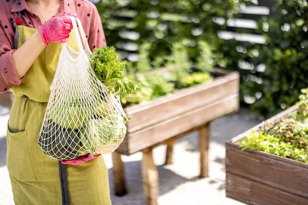 Hält einen Netzbeutel voller frischem Gemüse und Gemüse im heimischen Garten