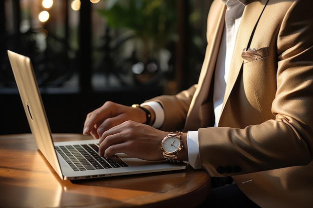 Hände arbeiten zu Hause am Laptop mit ausgeschnittenem Bildschirm. Kopierraum basierend auf generativer KI