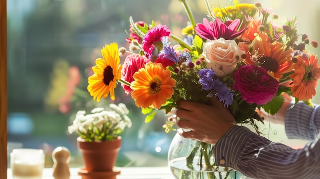 Hände arrangieren einen lebendigen Blumenstrauß in der Nähe eines sonnigen Fensters