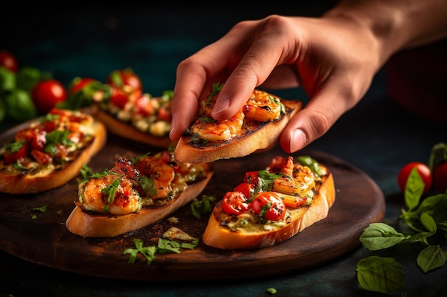 Foto hände arrangieren gegrillte garnelen auf der avocado-bruschetta