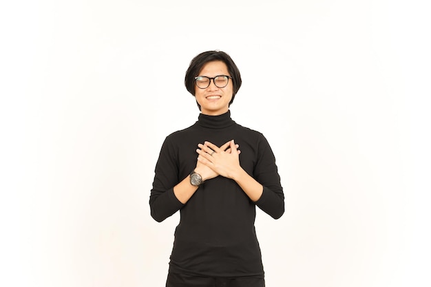 Hände auf der Brust Dankbare Geste des schönen asiatischen Mannes, Isolated On White Background