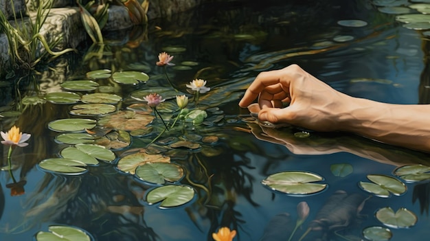 Hände berühren den Lotus oder die Lilie im Teich in den morgendlichen Sonnenstrahlen und stehen im Wasserteich