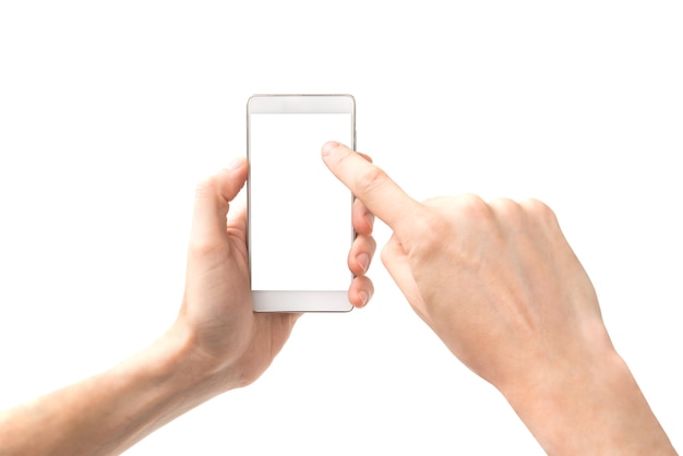 Hände berühren Smartphone mit weißem Bildschirm auf weißem Hintergrund