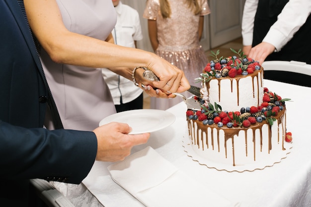 Hände der Braut und des Bräutigams schneiden Hochzeitstorte