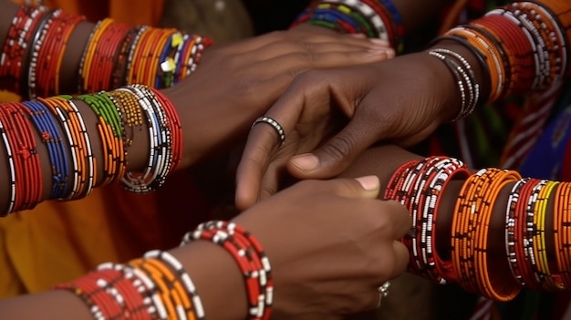 Hände der Massai-Mara-Stammleute, die ihr Armband zeigen