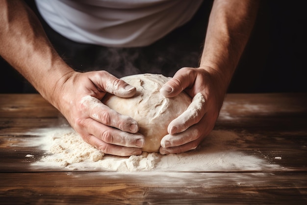 Foto hände des bäckers kneten teig, um mit mehl bestrichenes brot auf einem holztisch herzustellen