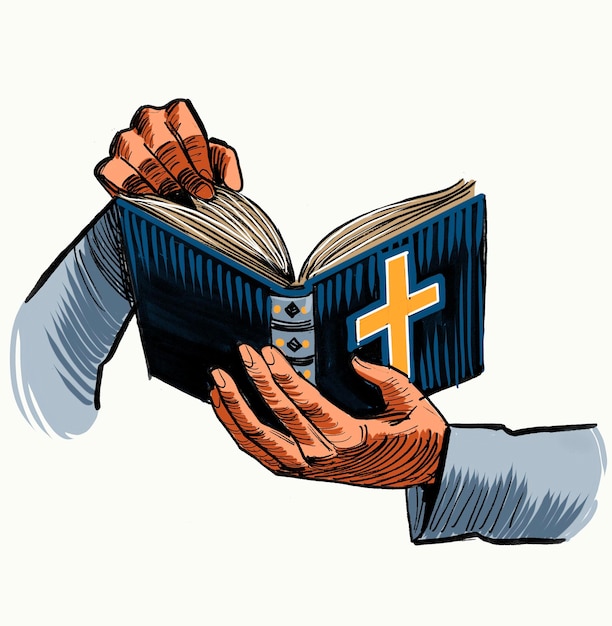 Hände des Priesters mit handgezeichneter Tinte im Retro-Stil der Heiligen Bibel auf Papier und handkoloriert auf einem Tablett