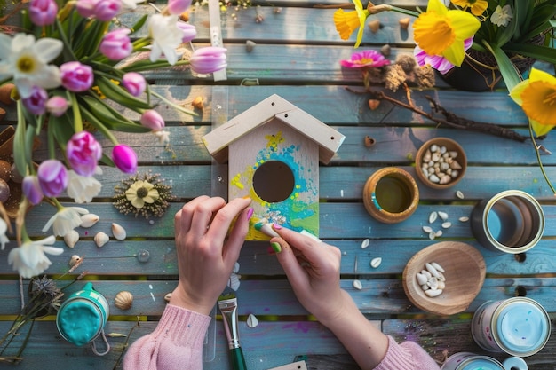 Hände, die ein farbenfrohes Vogelhaus umgeben von Frühlingsblumen herstellen