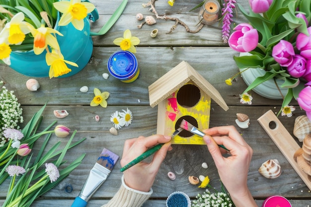 Hände, die ein farbenfrohes Vogelhaus umgeben von Frühlingsblumen herstellen