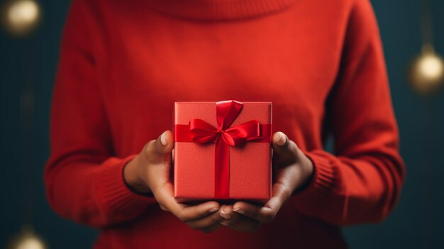 Hände, die ein kleines Geschenk mit roter Schleife halten