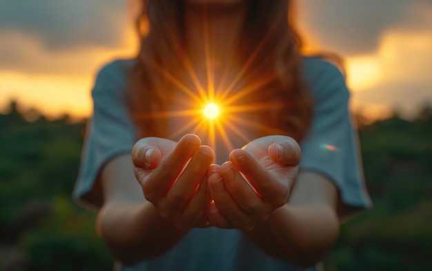 Foto hände, die ein kruzifix halten, ein gläubiger, der mit gekreuzten armen betet, kreuzten jesus christus mit göttlichem licht vom himmel