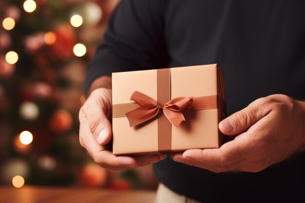 Hände, die eine Geschenkkiste mit elegantem Band über dem Weihnachtsbaum anbieten