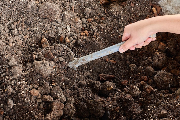 Hände, die eine Schaufel halten Gärtner, die den Boden schaufeln Gartenarbeit ist ein Hobby