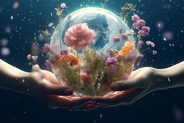 Hände, die einen Globus halten, umgeben von blühenden Blumen 00417 00
