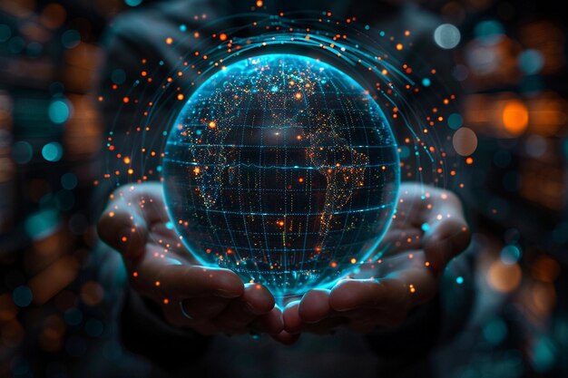 Hände, die einen leuchtenden digitalen Erdglobus halten