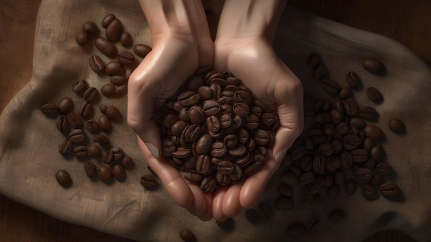 Hände, die einen Stapel Kaffeebohnen halten, von denen eine aus dem Firmenkaffee stammt.