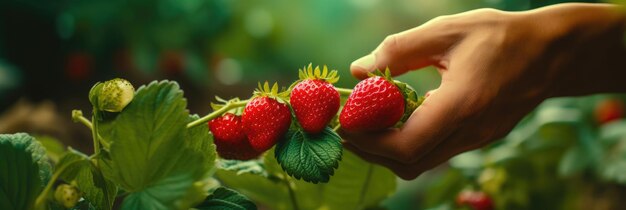 Hände, die Erdbeeren pflücken