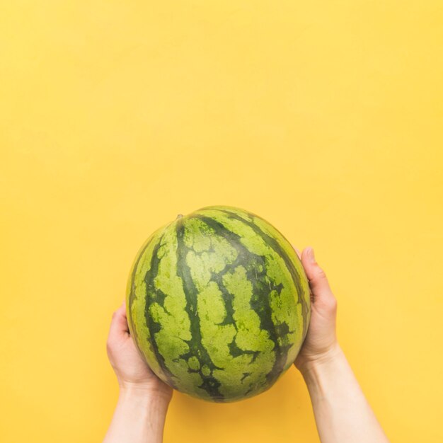 Hände, die ganze Wassermelone halten