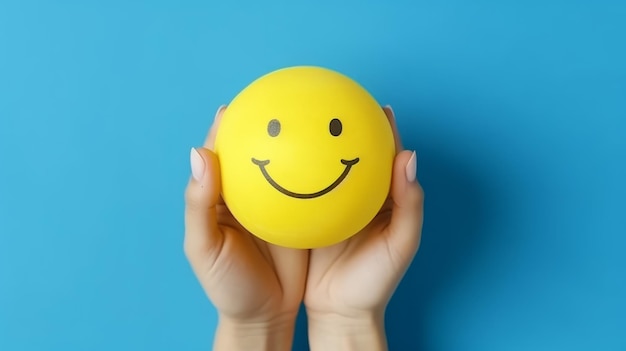 Hände, die gelb halten, glückliches Lächeln, positive Kundenbewertungen, gute Rückmeldungen
