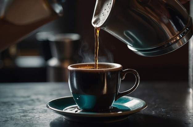 Hände, die heißes Wasser über einen Kaffeetrinker gießen, um einen langsamen Kaffee zu brauen