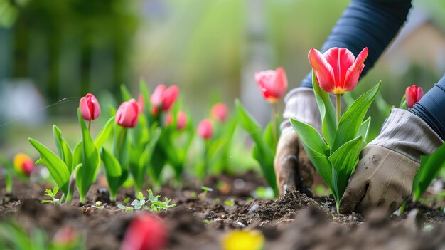 Hände, die in einem Garten Tulpen in den Boden pflanzen