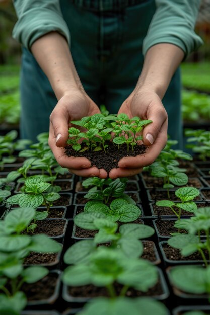 Hände, die junge Pflanzenpflanzen pflegen Nachhaltige Landwirtschaft und Wachstumskonzept