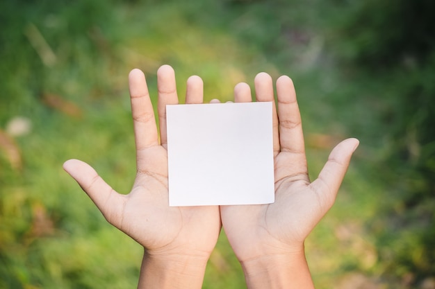 Hände, die leeres Papier auf Natur halten