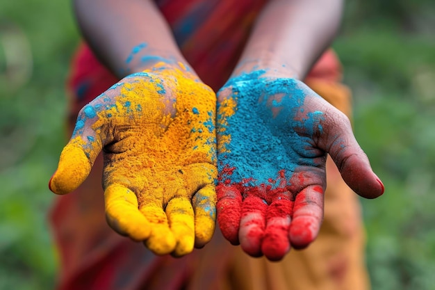 Hände, die mit Holi-Farbe geschmückt sind