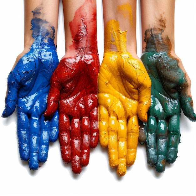 Hände, die mit verschiedenen Farbfarben bedeckt sind