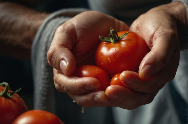 Hände drücken frische Tomaten, um den Saft zu extrahieren