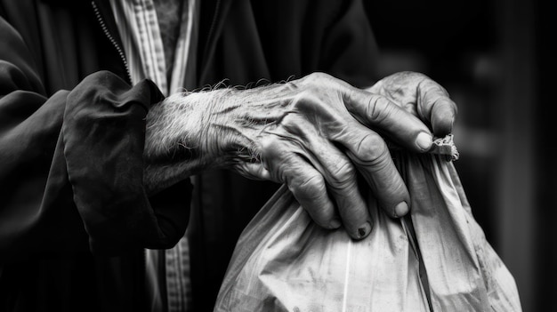 Hände einer alten Frau mit einer Tasche in der Hand generatives ai