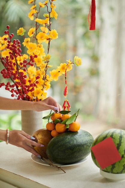 Hände einer Frau, die neben einer Vase mit Aprikosenzweigen Wassermelonen und Mandarinen auf den Tisch legt