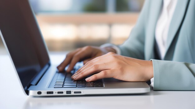 Hände einer kaukasischen Geschäftsfrau, die mit einem verschwommenen Regenschirm auf einer Computer-Tastatur draußen tastet