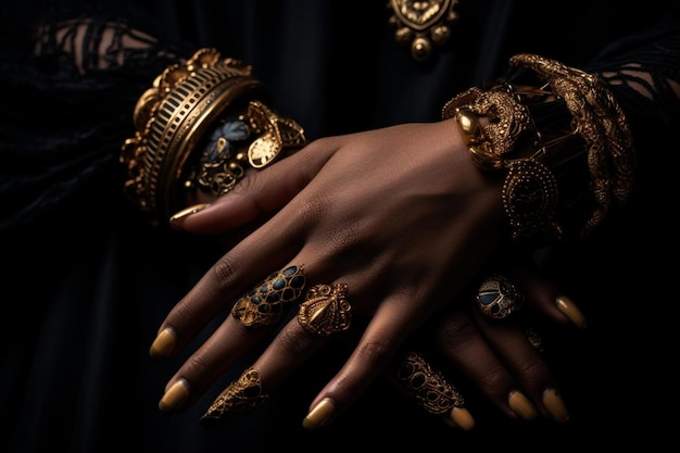 Hände einer schwarzen Frau mit Goldschmuck. Orientalische Armbänder auf einer schwarz bemalten Hand. Goldschmuck