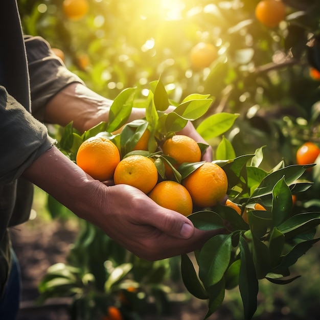 Hände eines älteren männlichen Bauern in Großaufnahme, der eine Mandarine hält