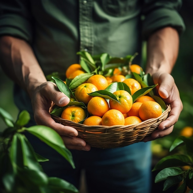Hände eines älteren männlichen Bauern in Nahaufnahme, der einen Weidenkorb mit orangefarbenen Mandarinen hält