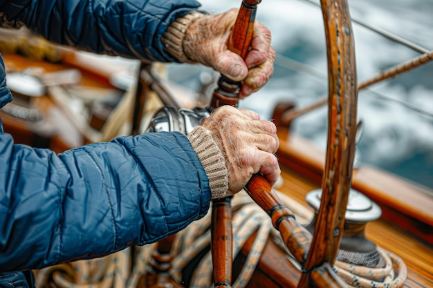 Hände eines älteren Matrosen, der ein hölzernes Schiffsrad mit nautischer Ausrüstung lenkt