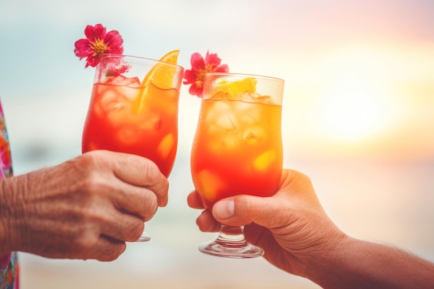 Hände eines älteren Paares am Strand mit Cocktails, das die Freiheit genießt