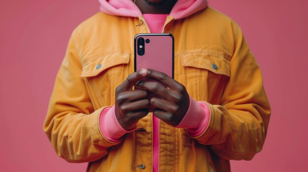 Hände eines afroamerikanischen Mannes, der ein Telefon hält und Gesten macht, die auf rosa Hintergrund isoliert sind