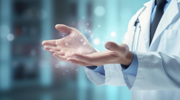 Foto hände eines arztes in einem weißen mantel und ein hologramm oder eine gesundheitsschnittstelle interaktive futuristische panel-symbole und gesundheits-app verschwommener hintergrund gesundheit und technologie