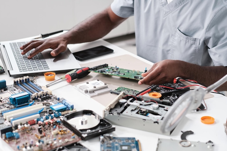 Foto hände eines jungen schwarzen, die tippen, während sie einen teil der hardware halten