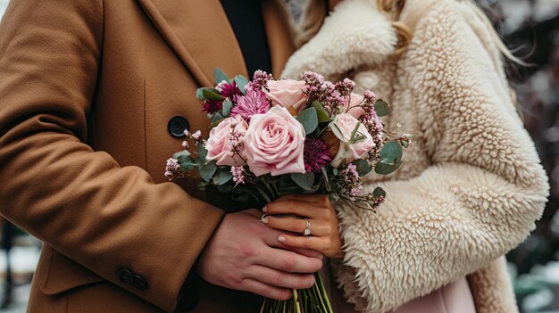 Hände eines Paares mit einem Verlobungsring und einem Blumenstrauß Ein Mann und eine Frau in einem Mantel