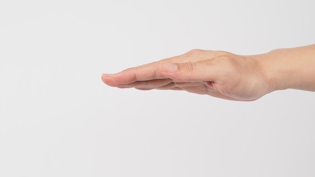 Hände flach (Handflächen nach unten) oder Handzeichen verlangsamen isoliert auf weißem Hintergrund.