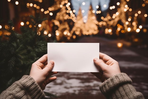 Foto hände halten ein leeres papier mit glänzenden weihnachtsbaumlichtern