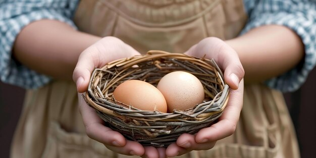 Hände halten ein Nest mit zwei frischen Eiern in Nahaufnahme