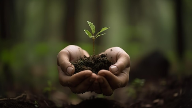 Hände halten eine kleine Pflanze mit dem Wort Baum darauf