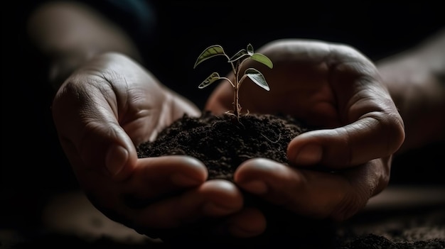 Hände halten eine kleine Pflanze mit generativer KI-Technologie