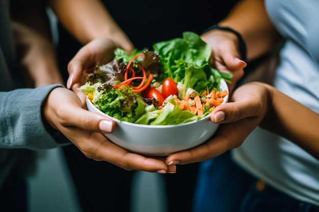 Hände halten eine Schüssel Salat mit dem Wort Salat darauf