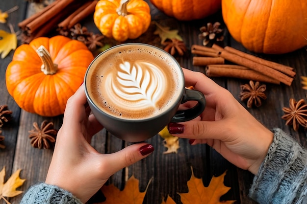 Hände halten eine Tasse Kaffee im Herbst und Kürbisse um den Tisch